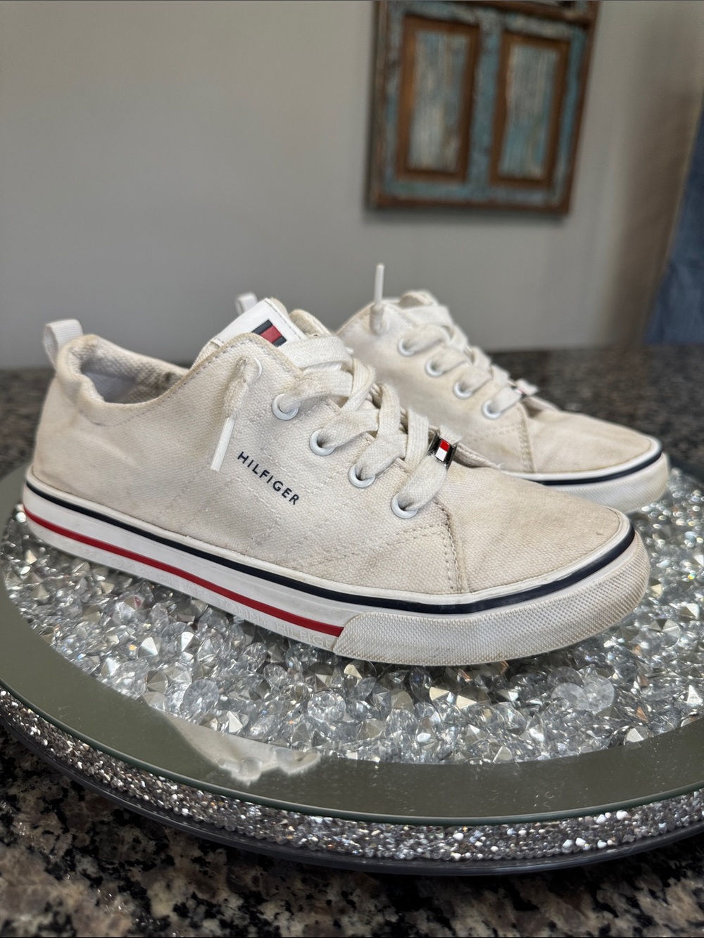 Tommy Hilfiger Off-White Canvas Lace-Up Sneakers with Red & Navy Stripe